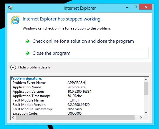 Internet Explorer 10 Stopped Working