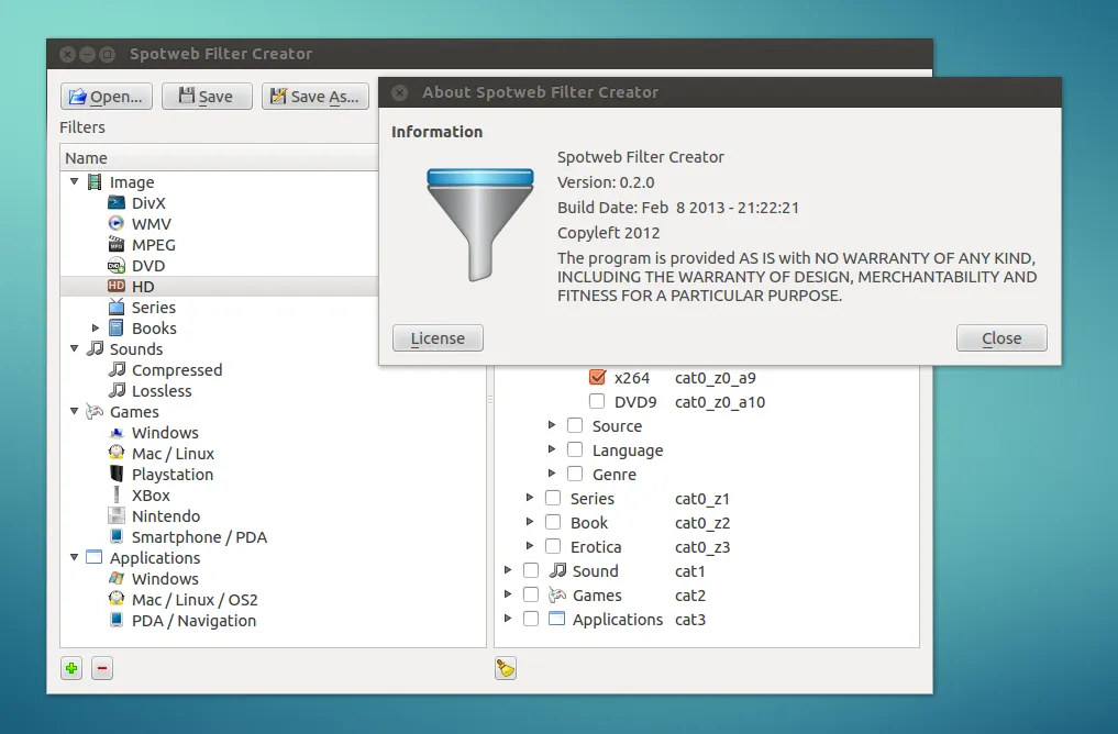 Spotweb Filter Creator Screenshot (Ubuntu 12.04-x64)